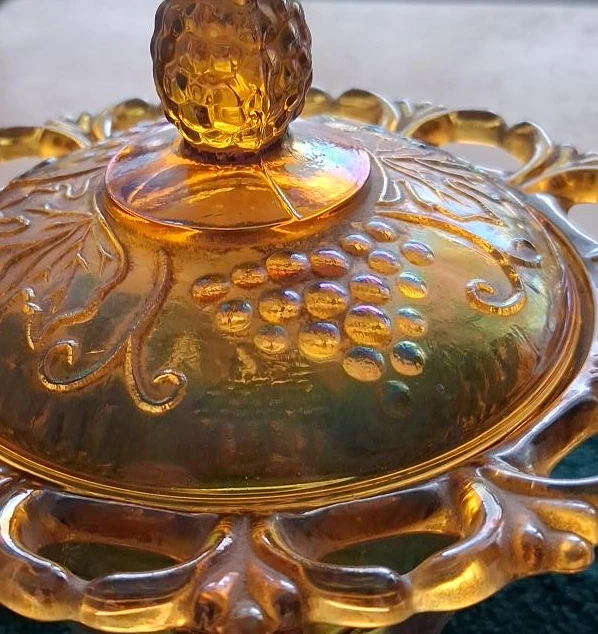 Amber Carnival Glass Covered Dish with Grape Pattern