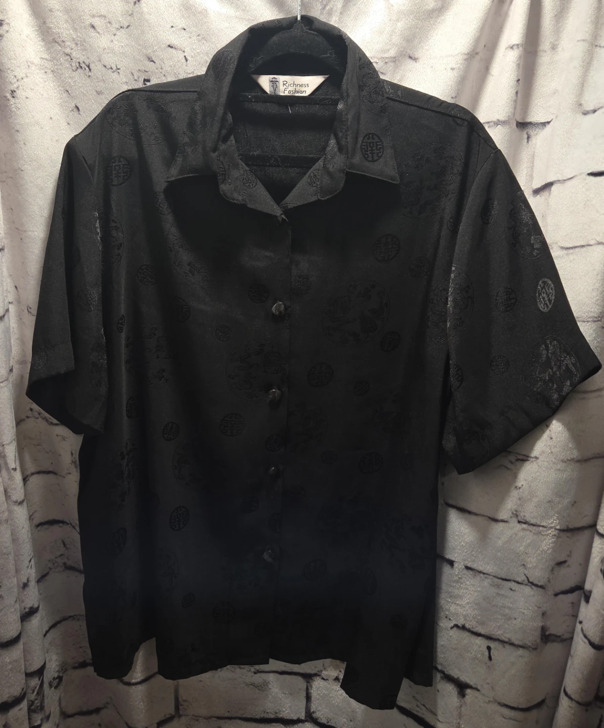 Richness Fashion Black Brocade Button-Up Shirt