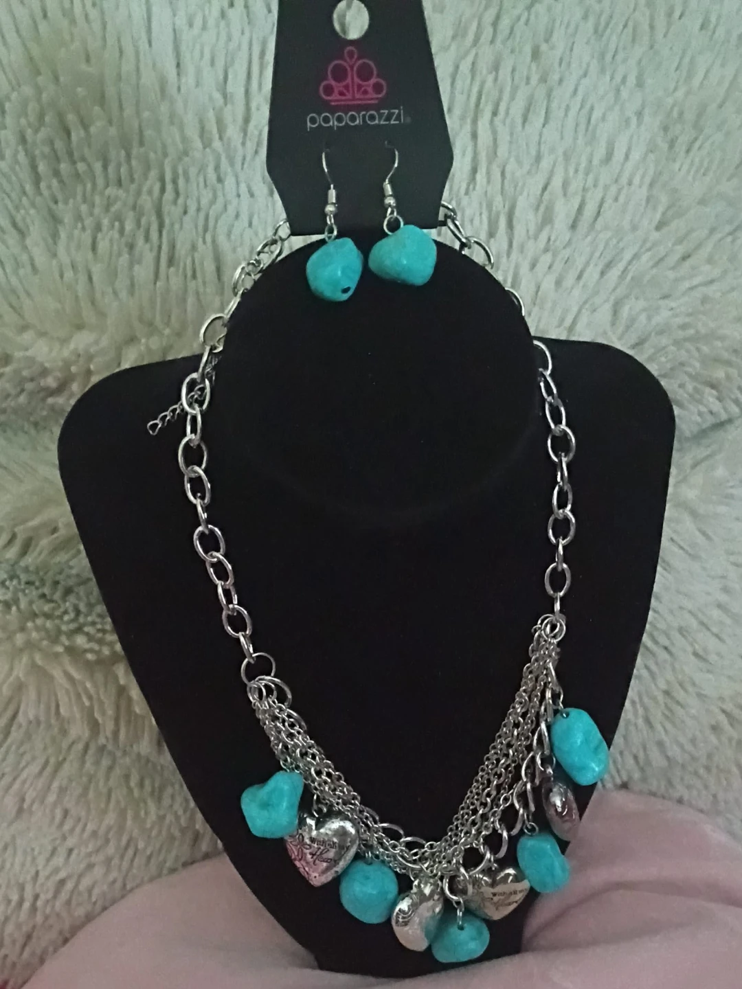 Paparazzi Turquoise and Silver Charm Necklace and Earring Set