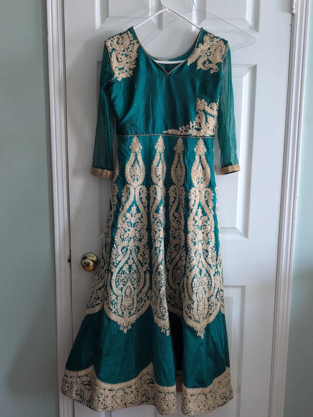 Teal Anarkali Dress with Gold Embroidery