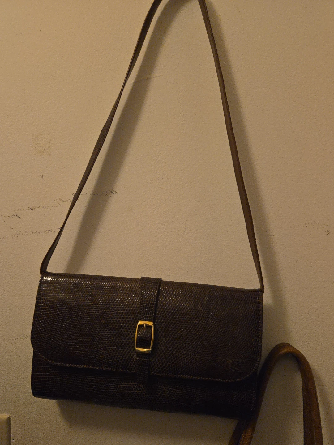 Dark Brown Faux Lizard Skin Clutch Purse with Gold Buckle