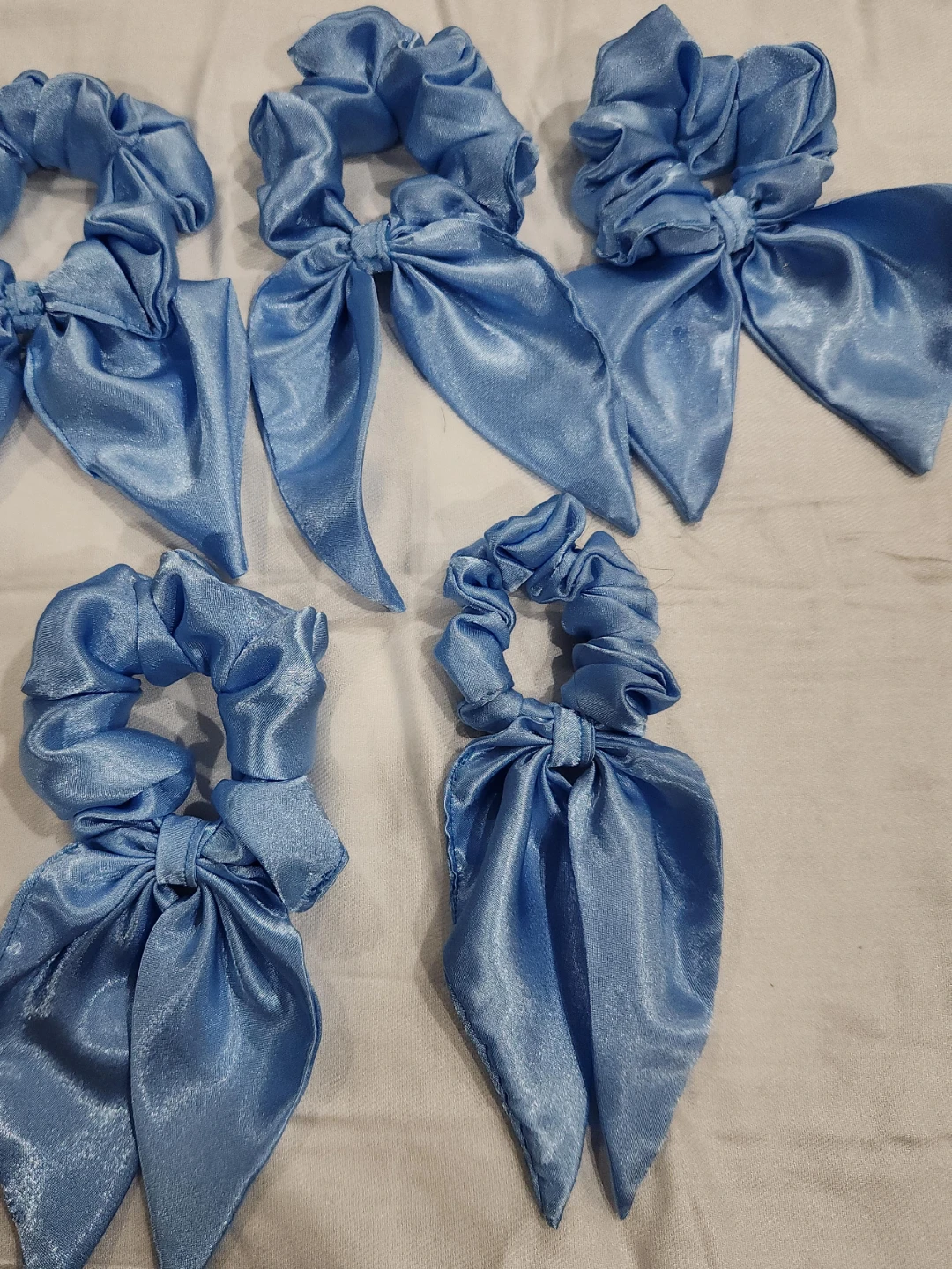 Light Blue Satin Scrunchies with Bows - Set of 5