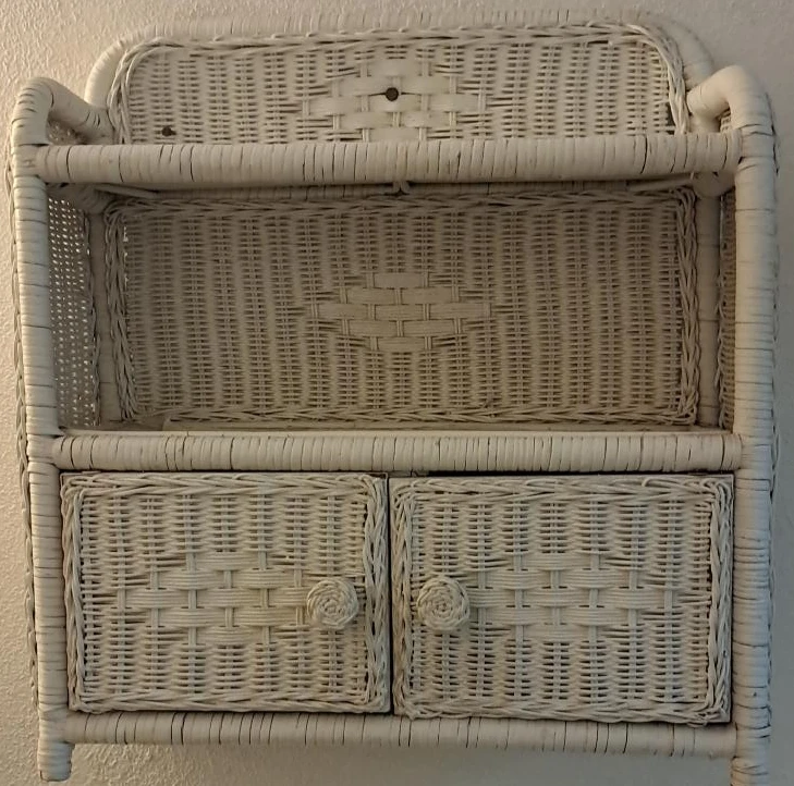 White Wicker Shelf with Two Drawers
