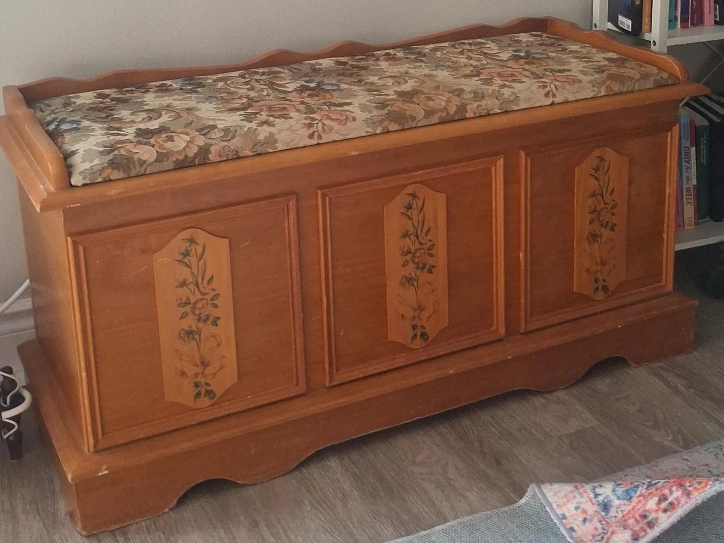 Vintage Wooden Storage Chest with Floral Upholstery