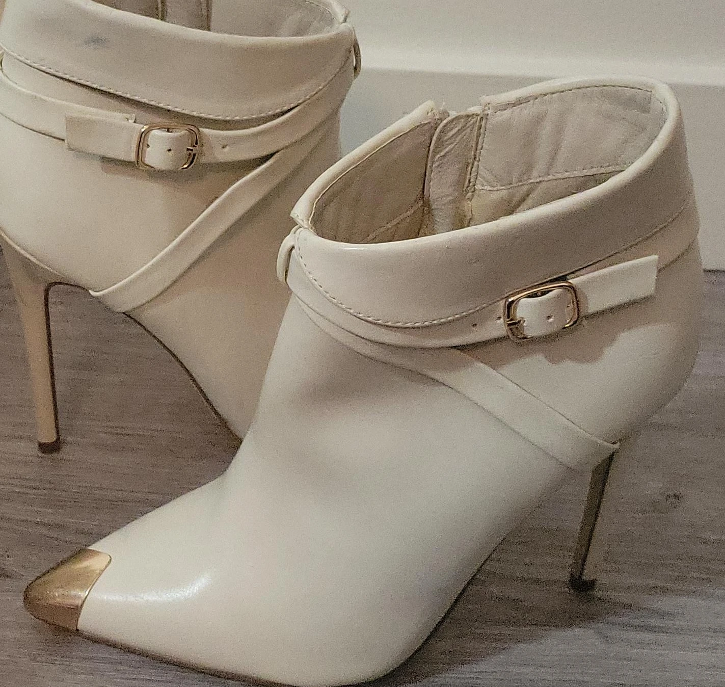 White Ankle Strap Heels with Gold Toe Cap