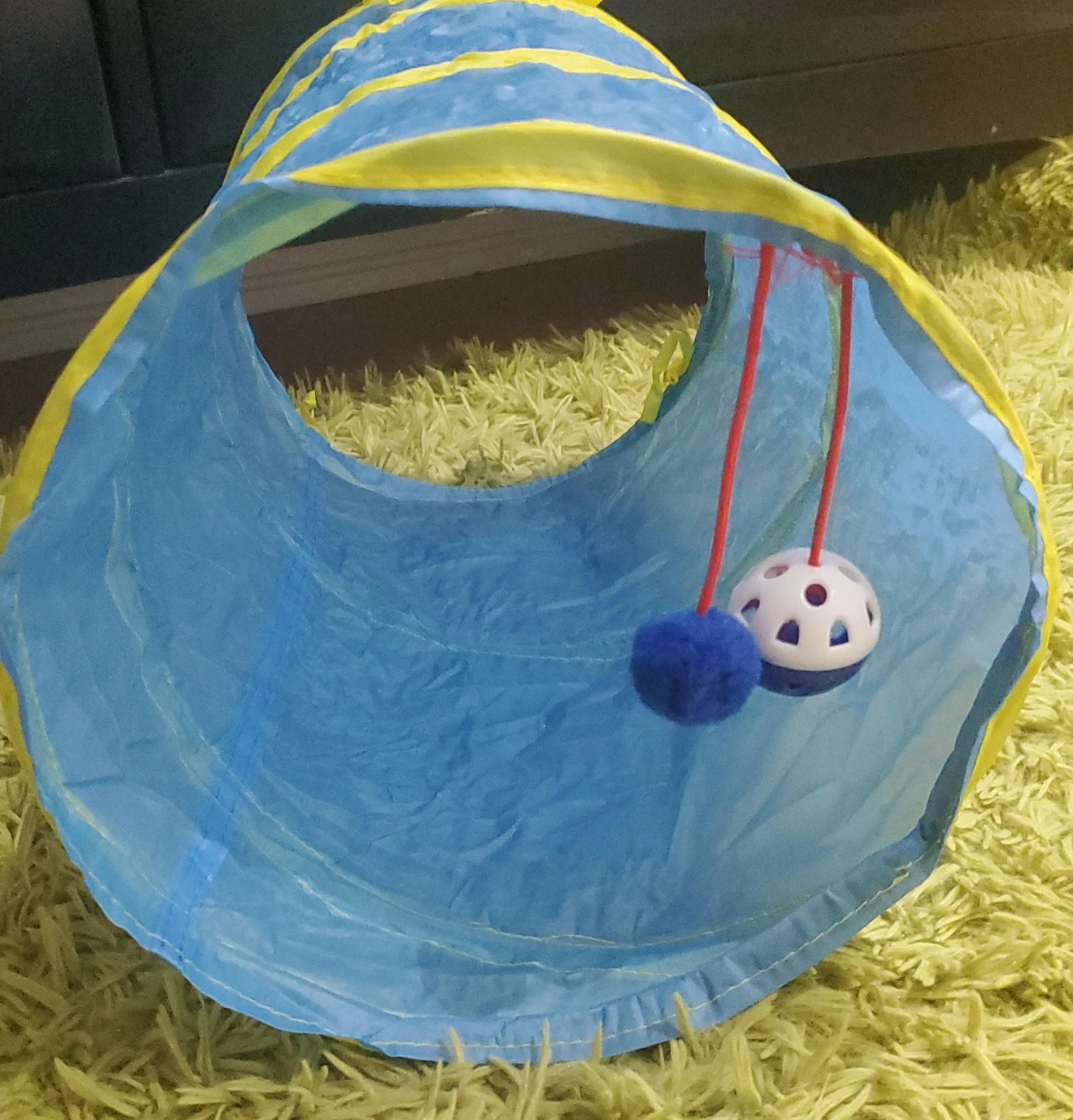 Blue and Yellow Cat Tunnel with Dangling Toys