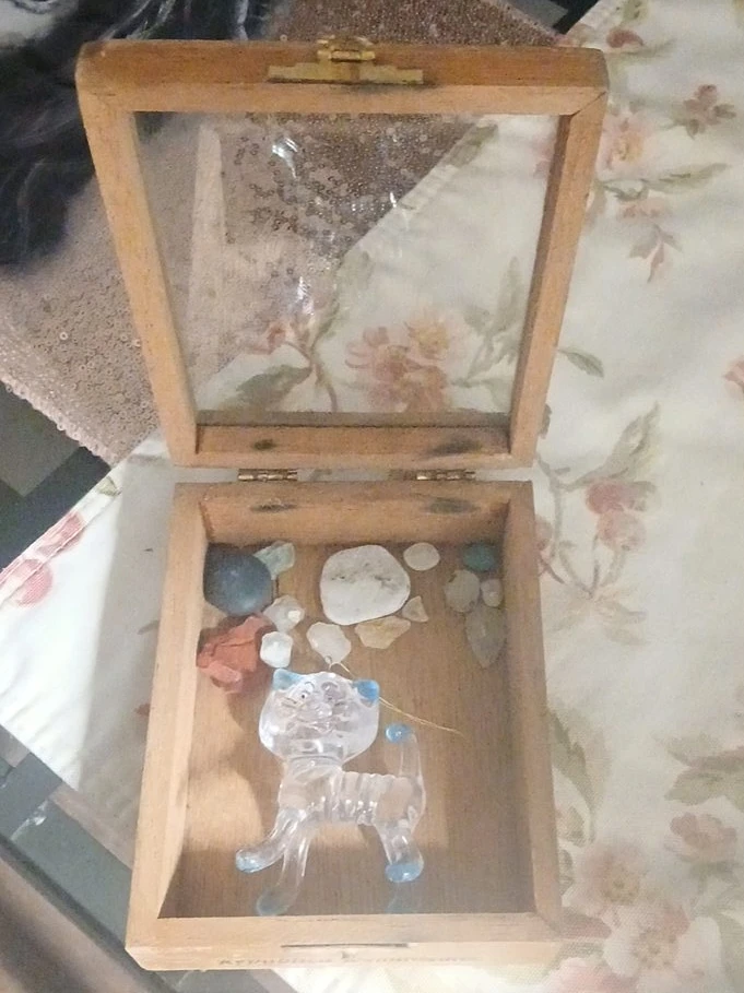 Wooden Trinket Box with plastic Cat Figurine