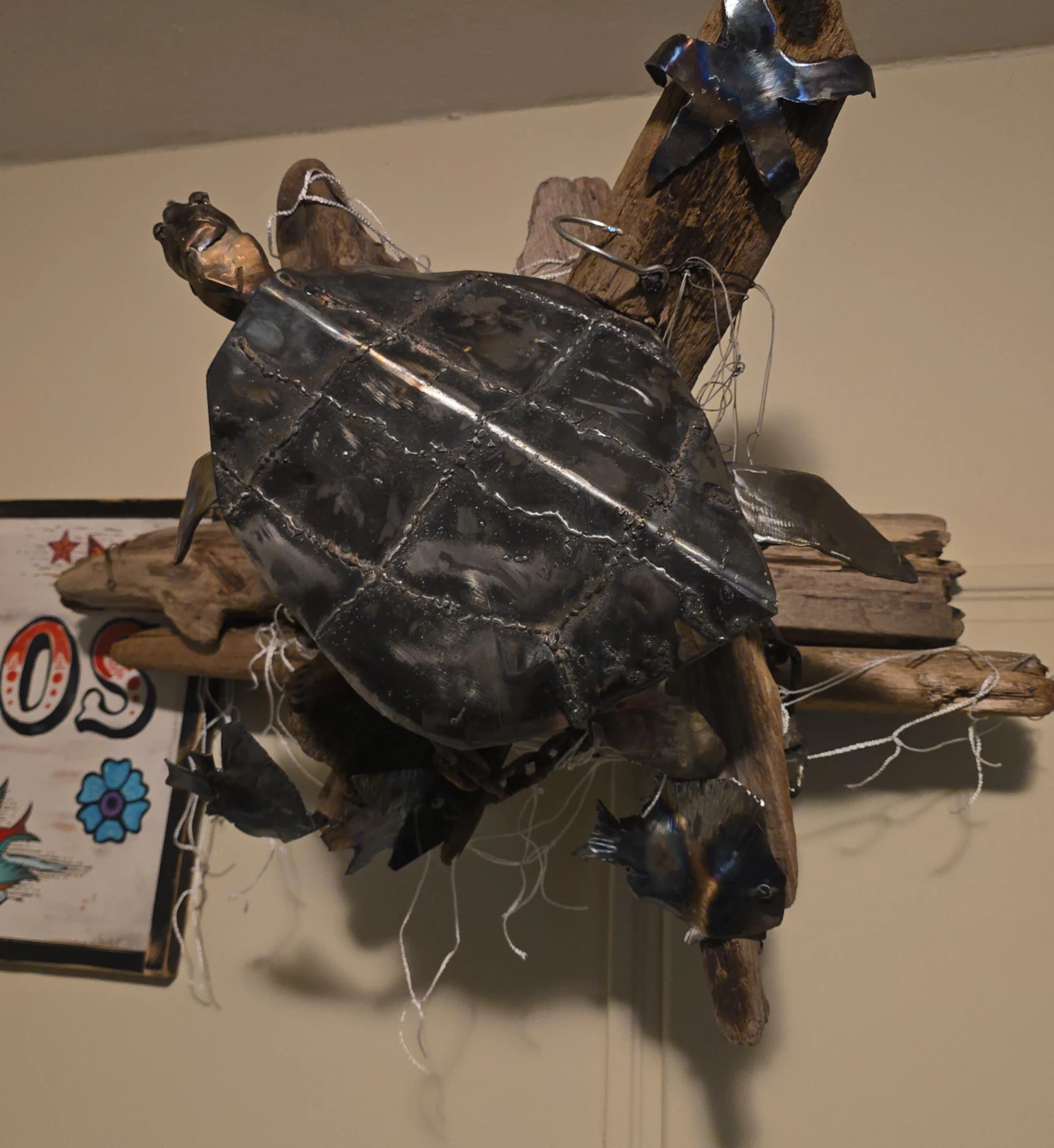 Metal Turtle and Fish Sculpture on Driftwood