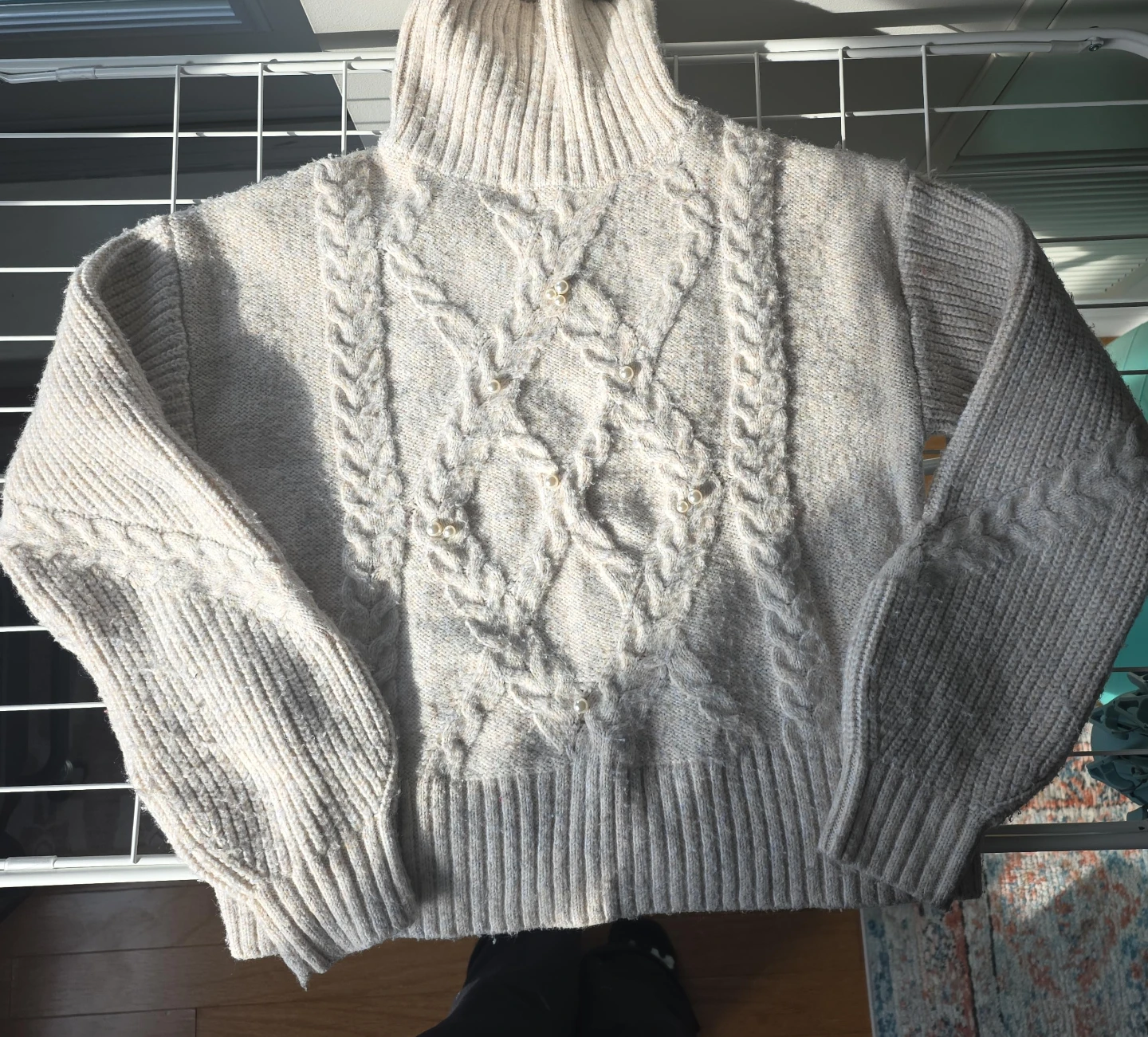 Cream Cable Knit Turtleneck Sweater with Pearls