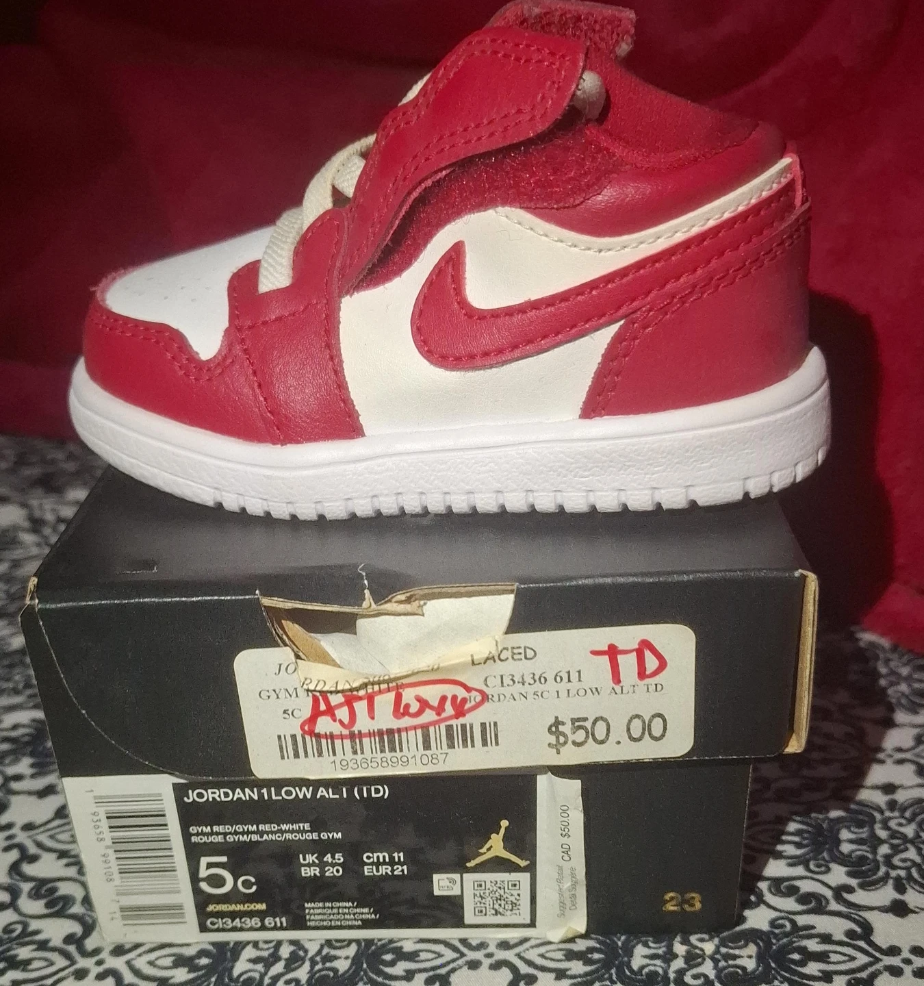 Jordan 1 Low Alt TD Toddler Shoes Red/White Size 5C