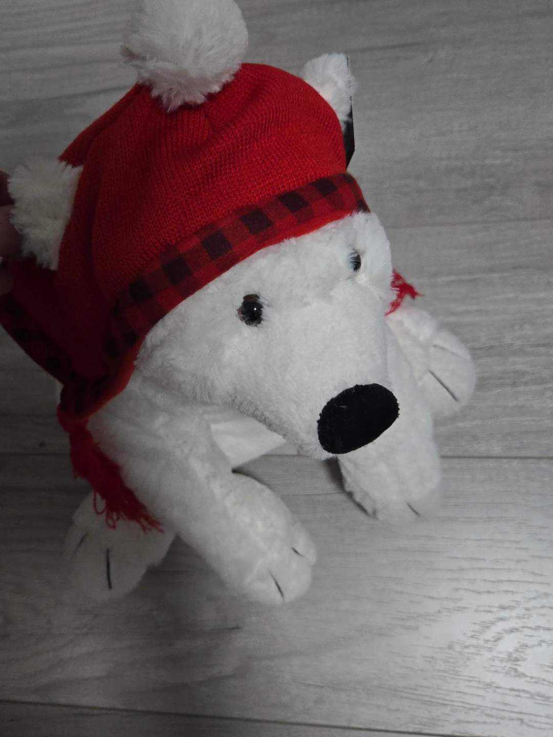 Plush White Polar Bear with Red Christmas Hat and Scarf
