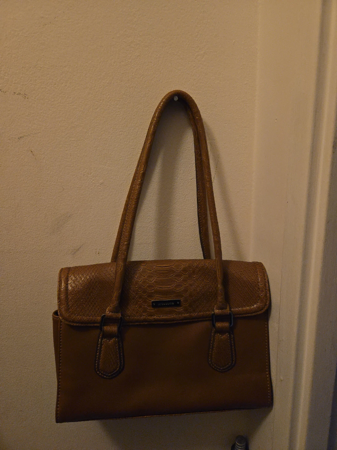 Brown Faux Leather Snake Print Trim Handbag