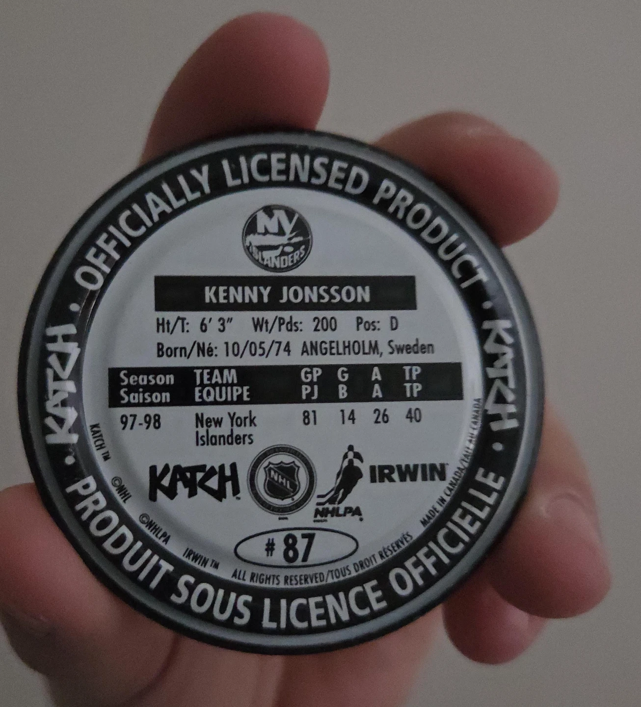 Kenny Jonsson New York Islanders Hockey Puck