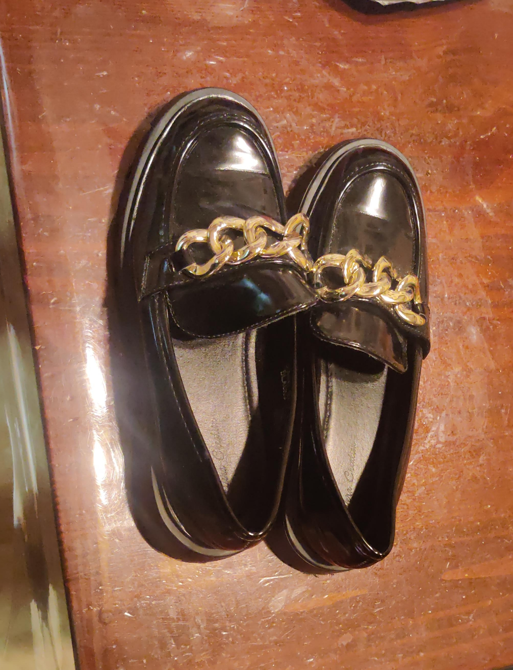 Black Patent Loafers with Gold Chain - Size 8.5