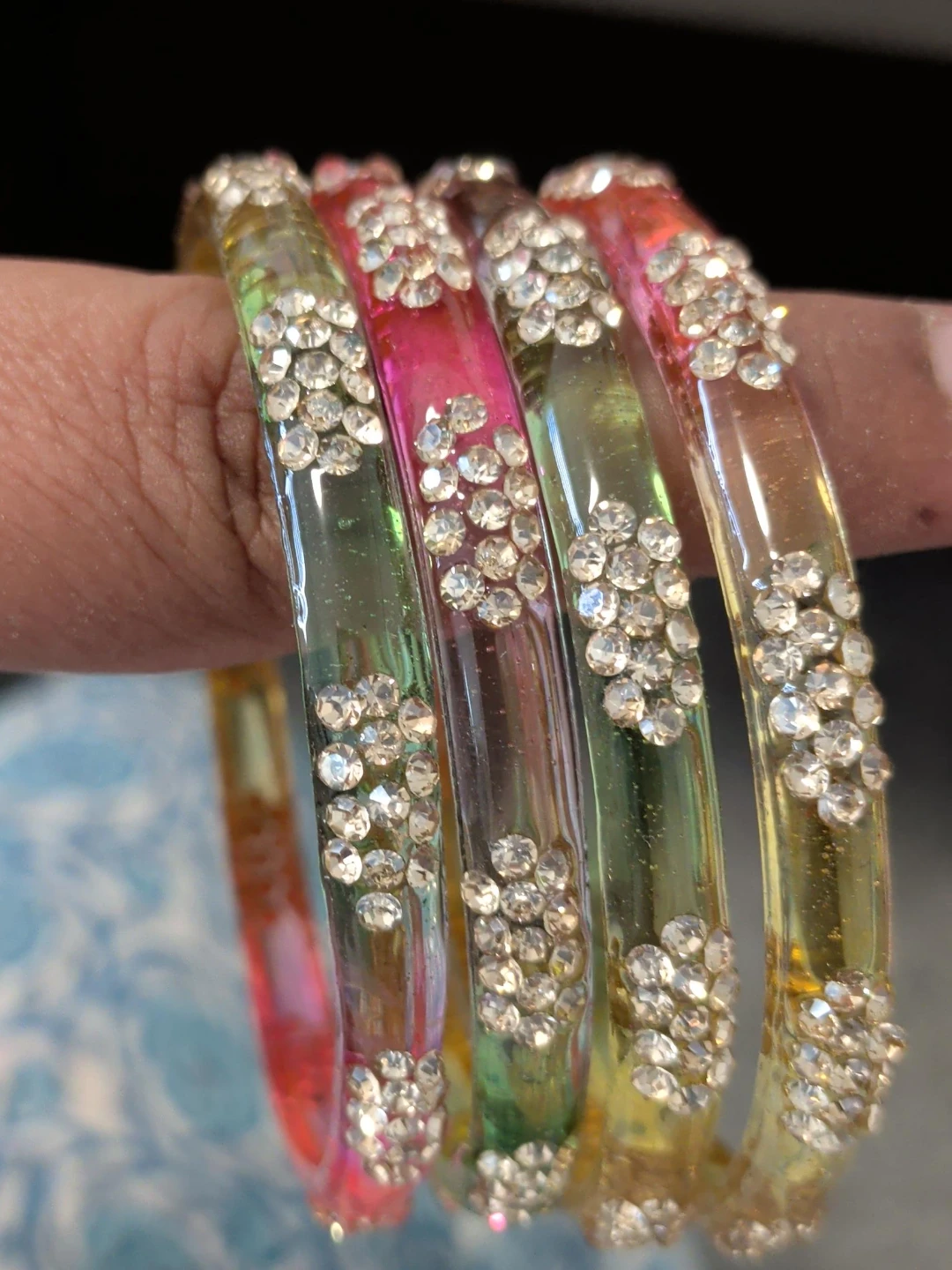 Set of 4 Embellished Bangles - Pink, Green, Yellow