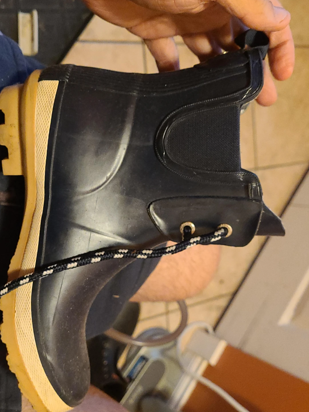 Black Rubber Chelsea Boots with Tan Sole