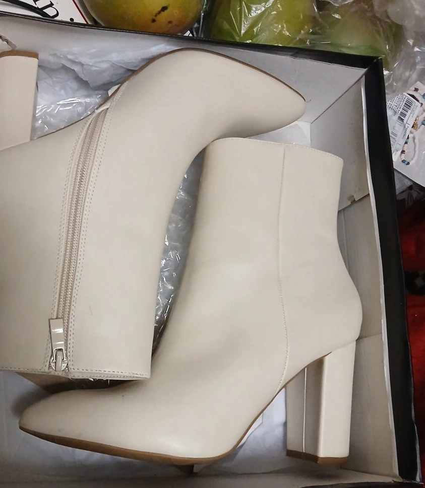 Cream Pointed Toe Block Heel Ankle Boots