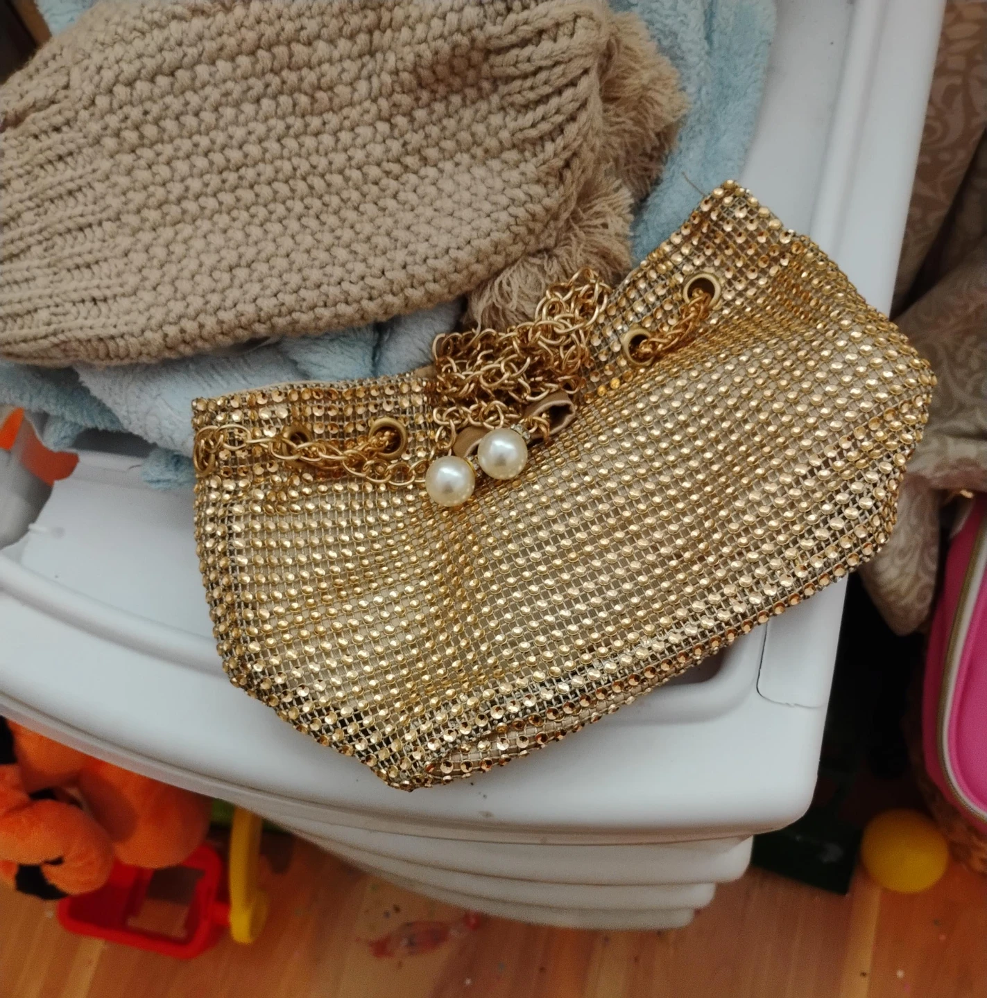 Gold Mesh Clutch with Pearl Accents