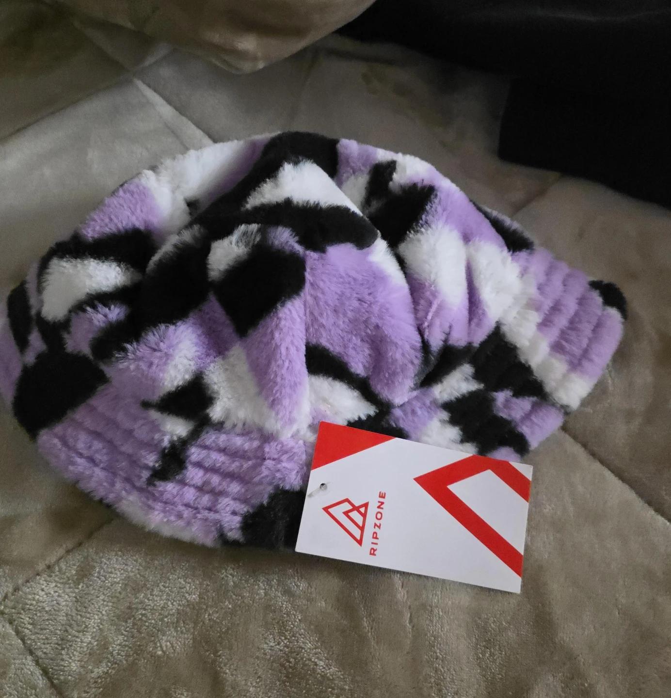 RIPZONE Faux Fur Bucket Hat - Purple Black White Checkered