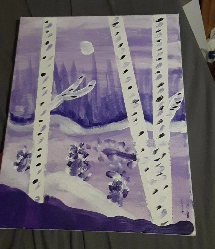 Purple Birch Tree Winter Landscape Painting