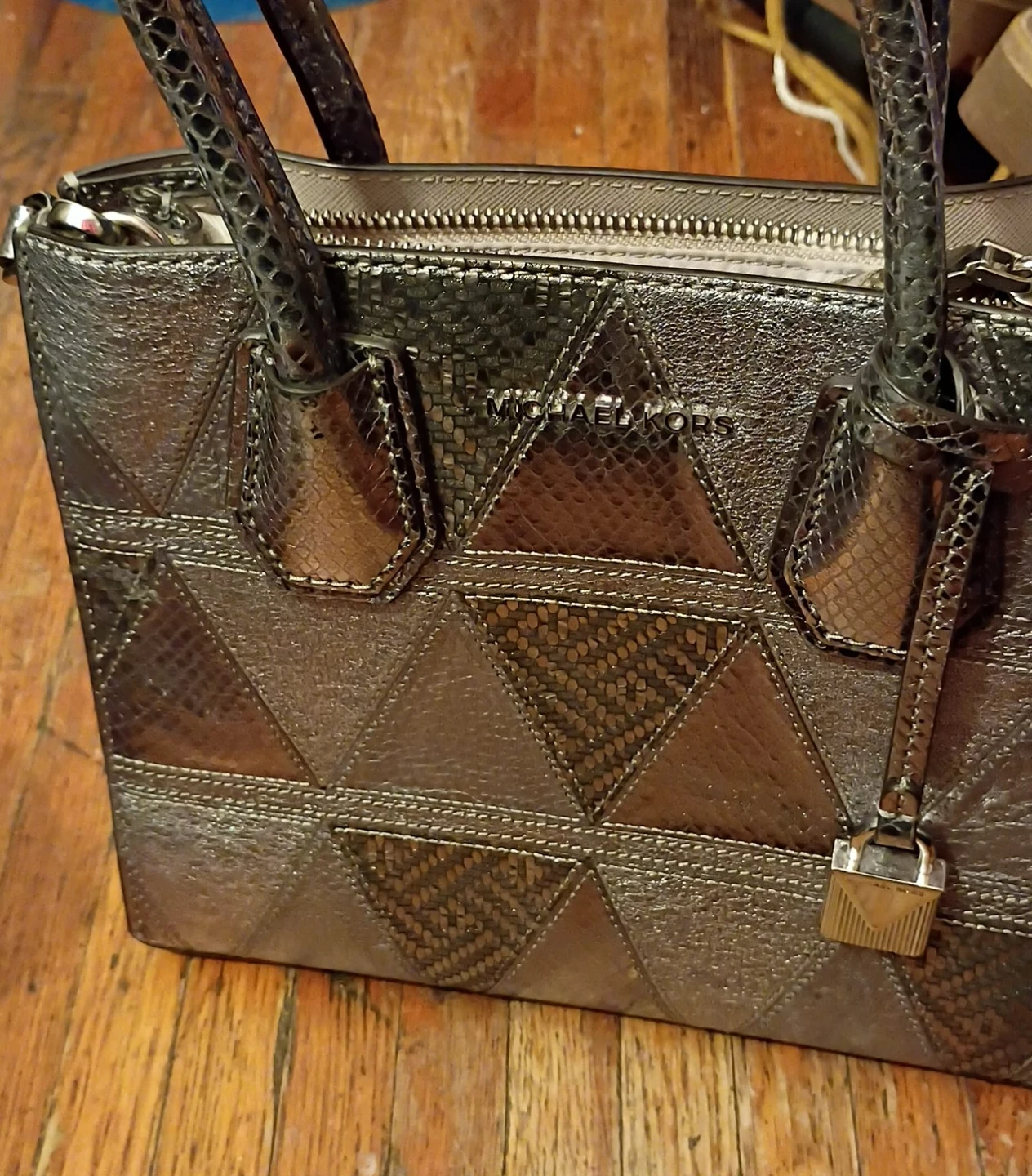 Michael Kors Metallic Snake Embossed Satchel Handbag