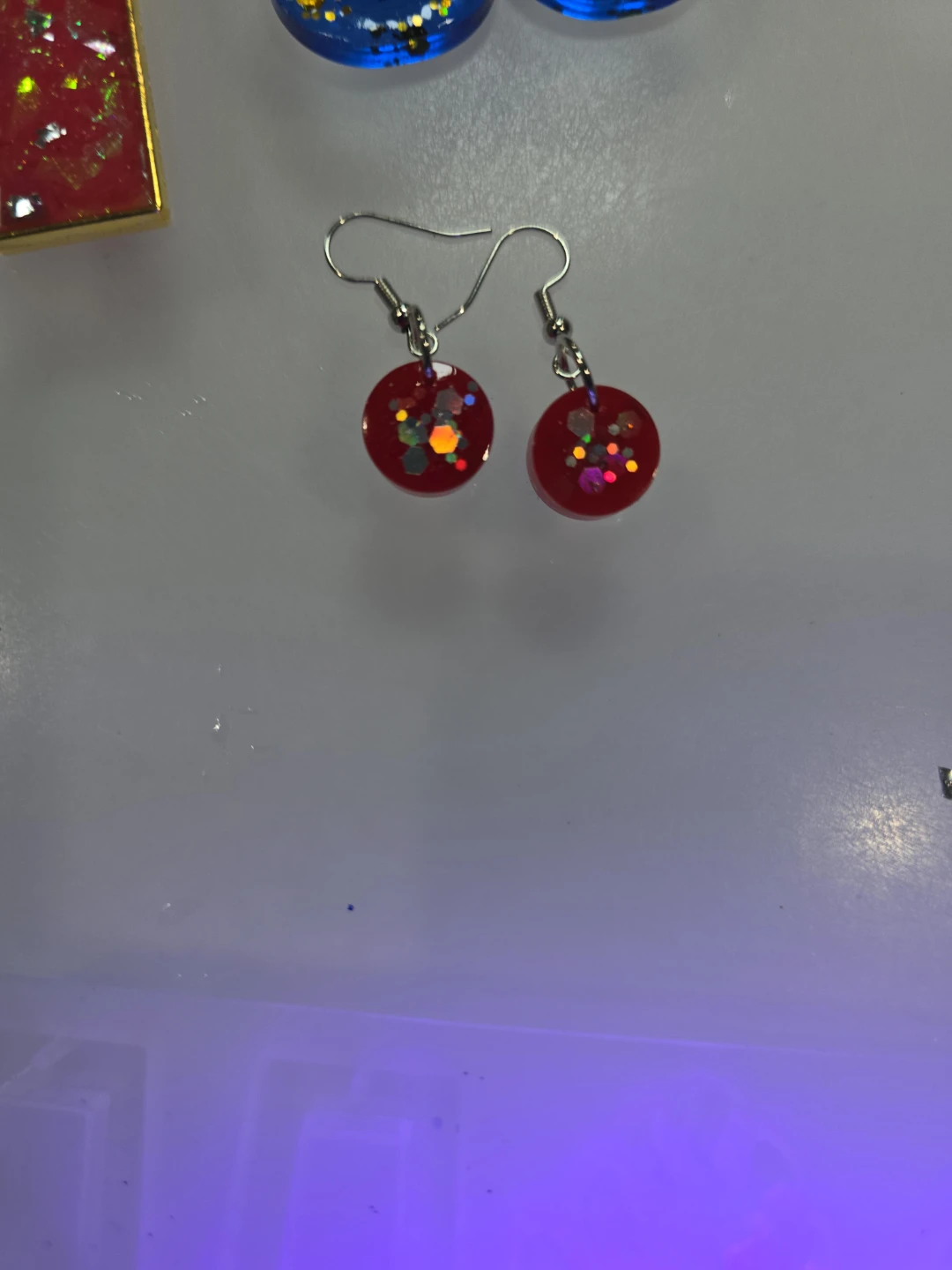 Red Glitter Resin Circle Dangle Earrings