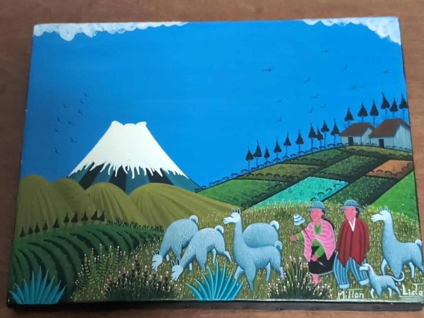 Original Folk Art Painting of Mountain Landscape with Llamas