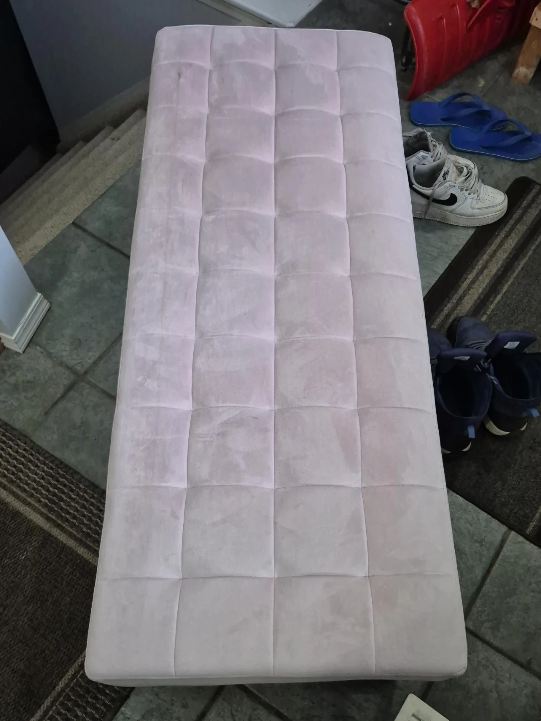 Pink Tufted Bench with Gold Metal Legs