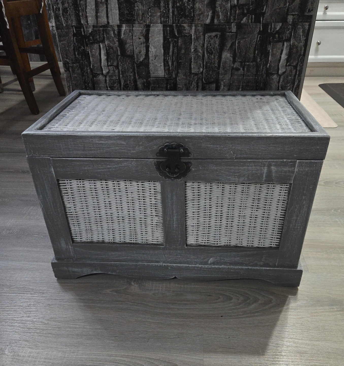 Grey Wooden Storage Trunk with Wicker Panels
