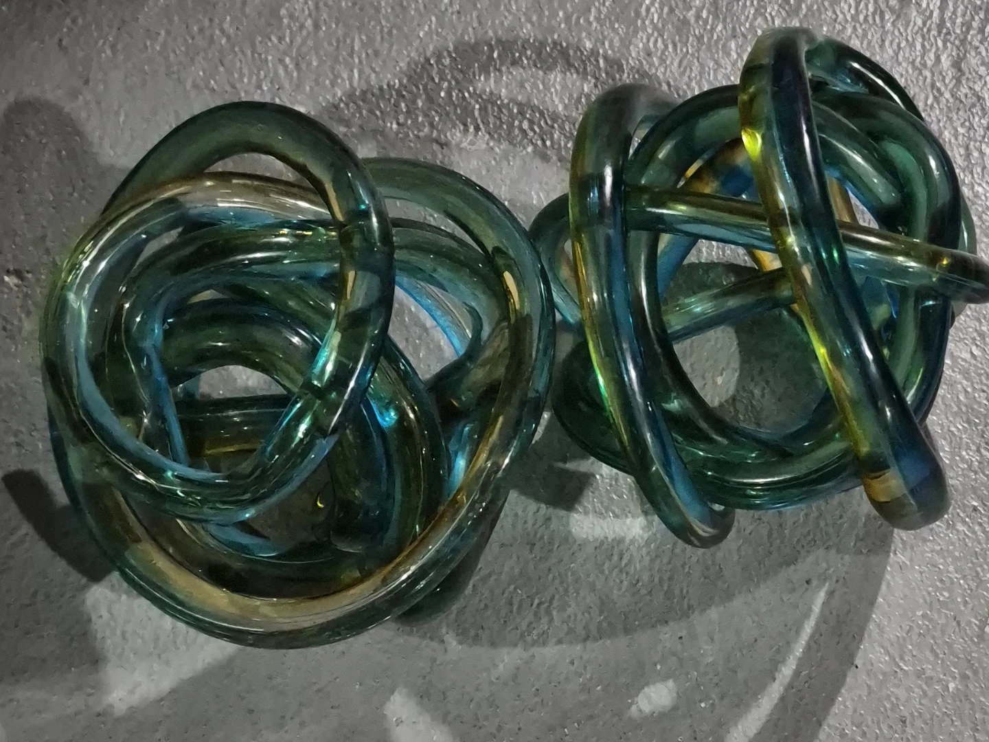 Set of 2 Blue and Green Glass Knot Sculptures