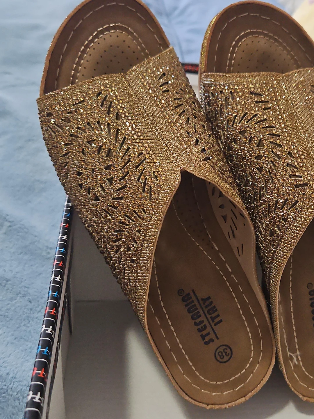 Stefania Italy Gold Embellished Wedge Sandals Size 38