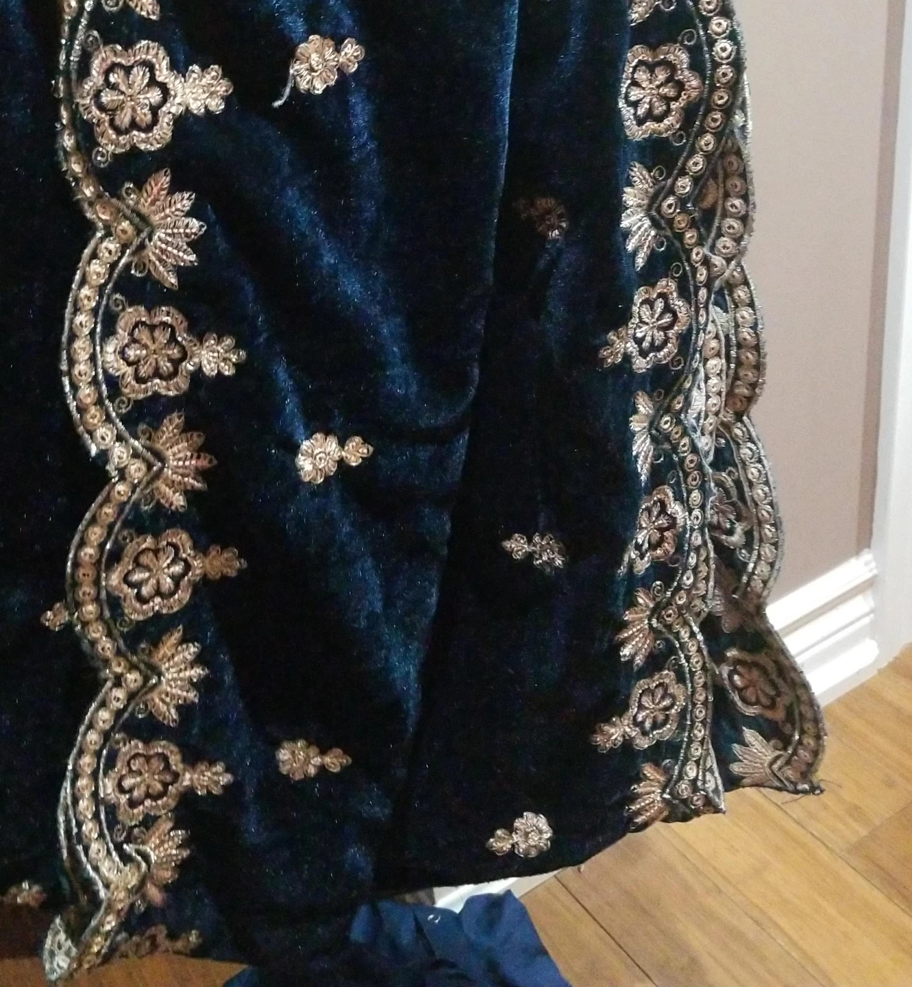 Dark Blue Velvet Shawl with Gold Embroidery