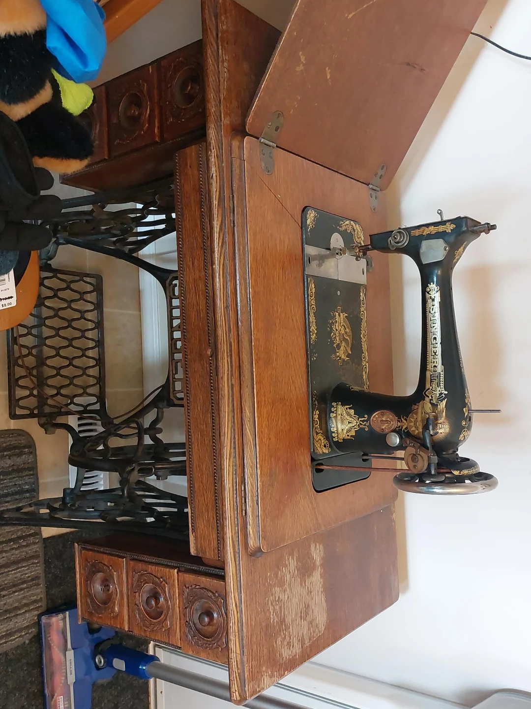 Antique Singer Sewing Machine with Wooden Cabinet