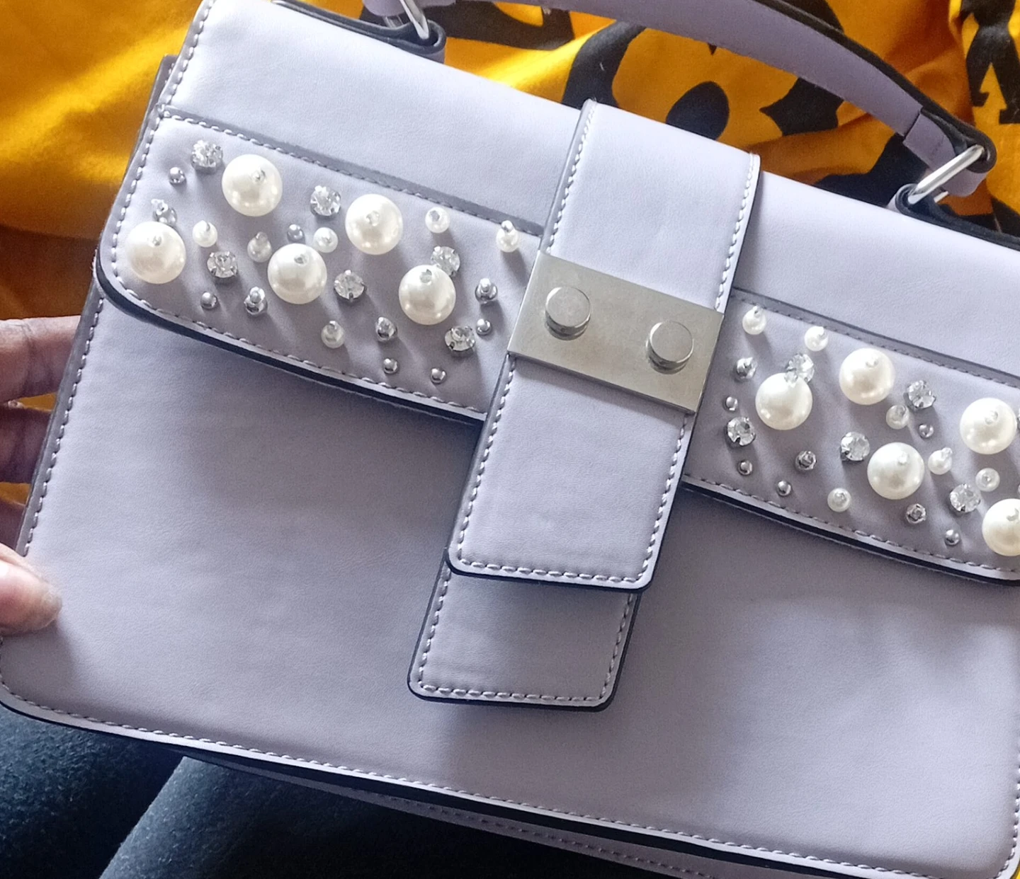 Call It Spring Lilac shoulder bag with pearls and rhinestones