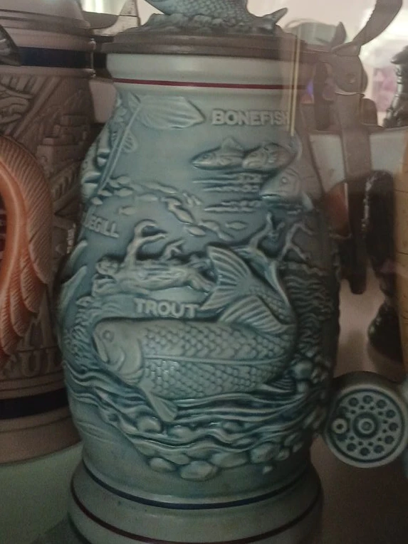 Blue Ceramic Fish Stein with Lid - "Bonefish", "Bluegill",