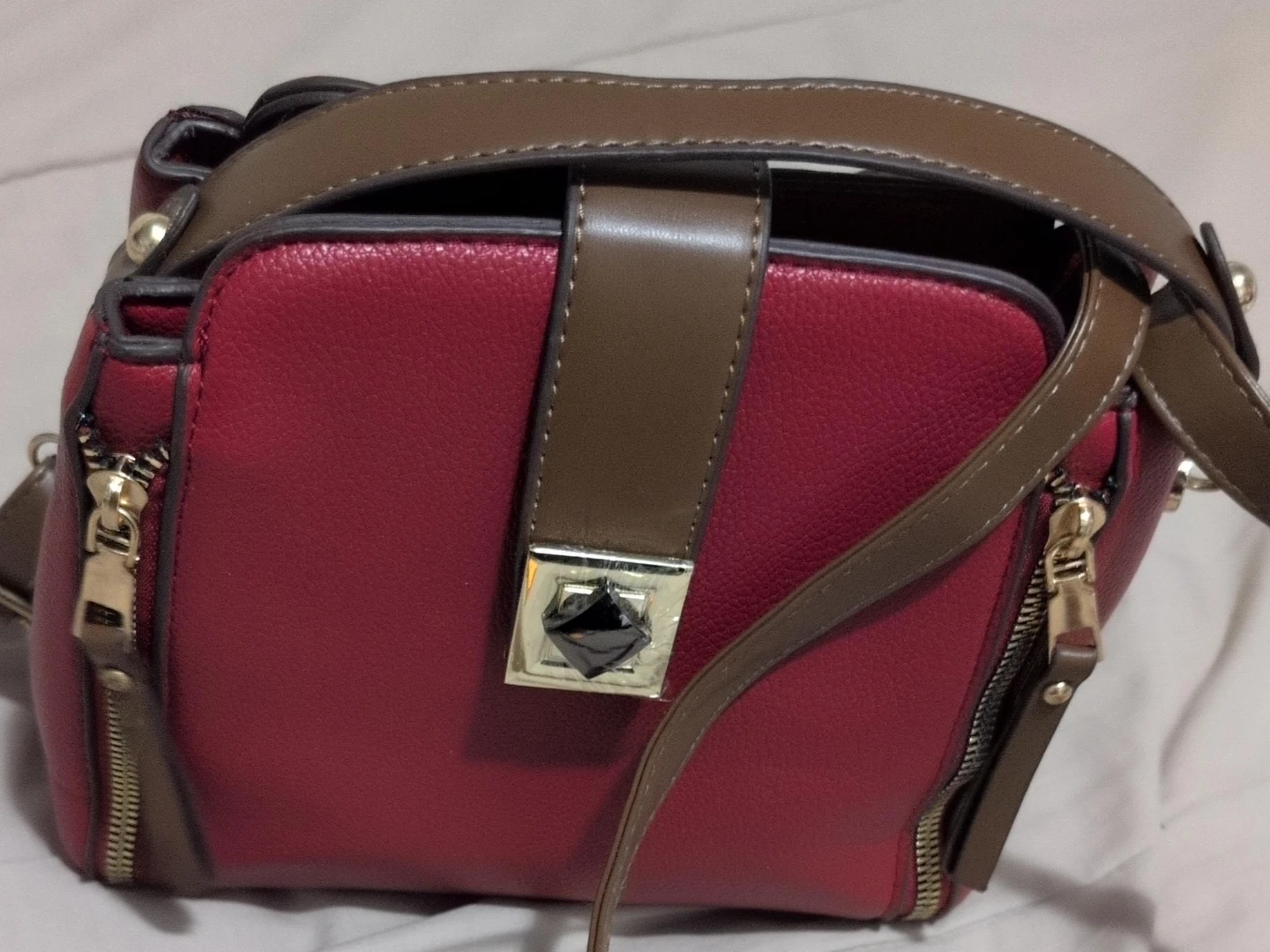 Red and brown handbag