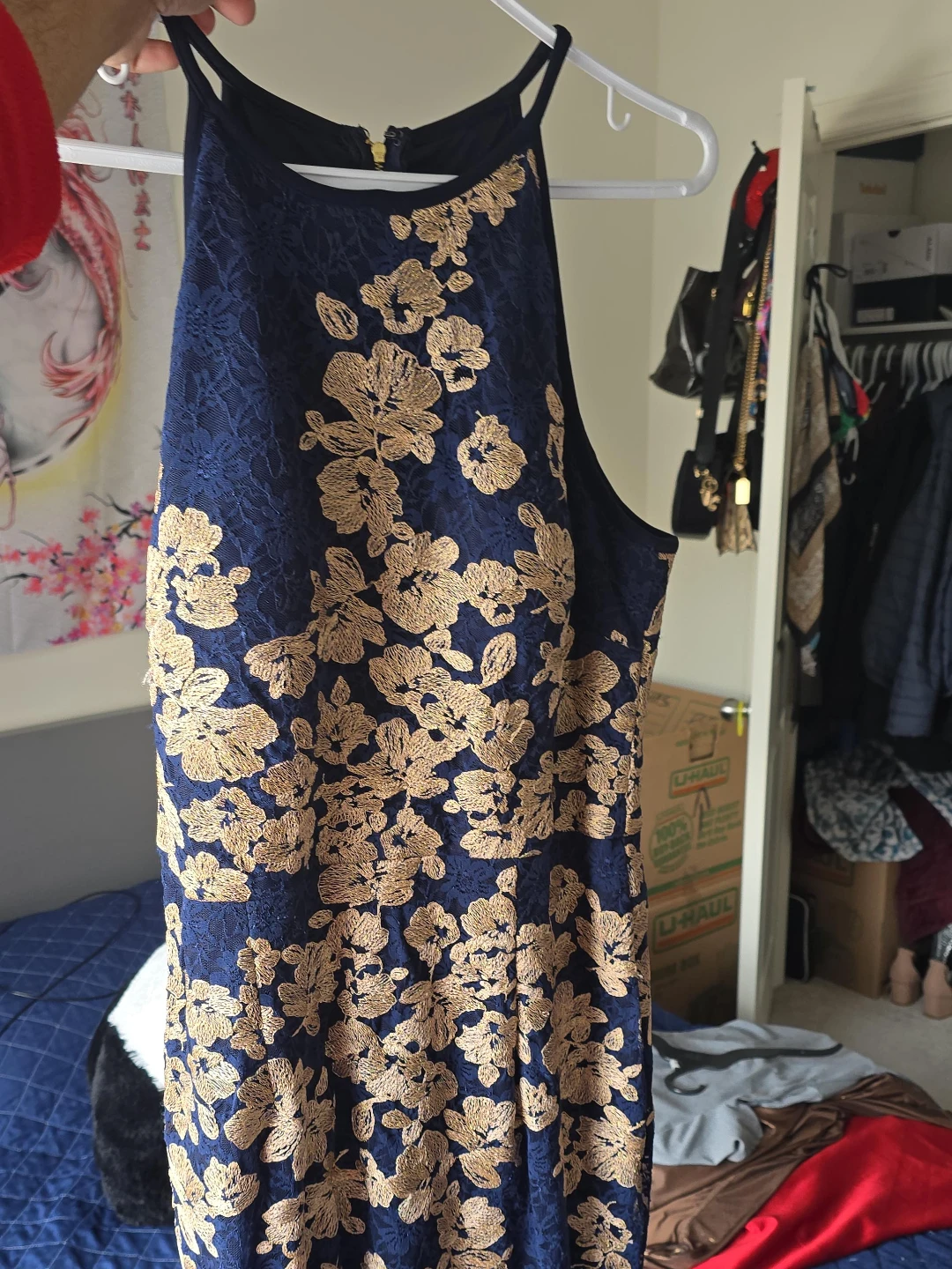 Navy Lace Dress with Gold Floral Embroidery