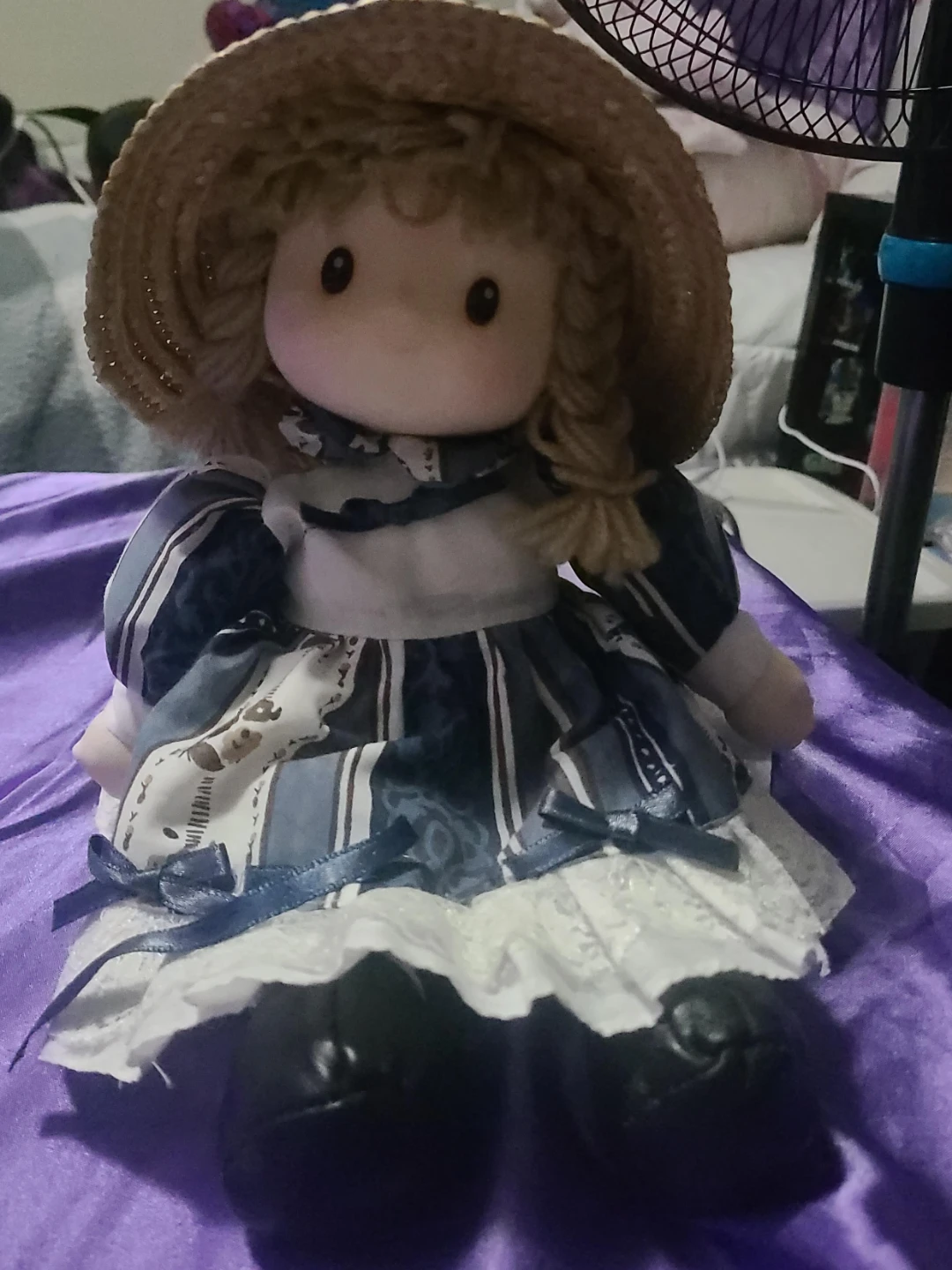 Stuffed Doll with Straw Hat and Blue Dress