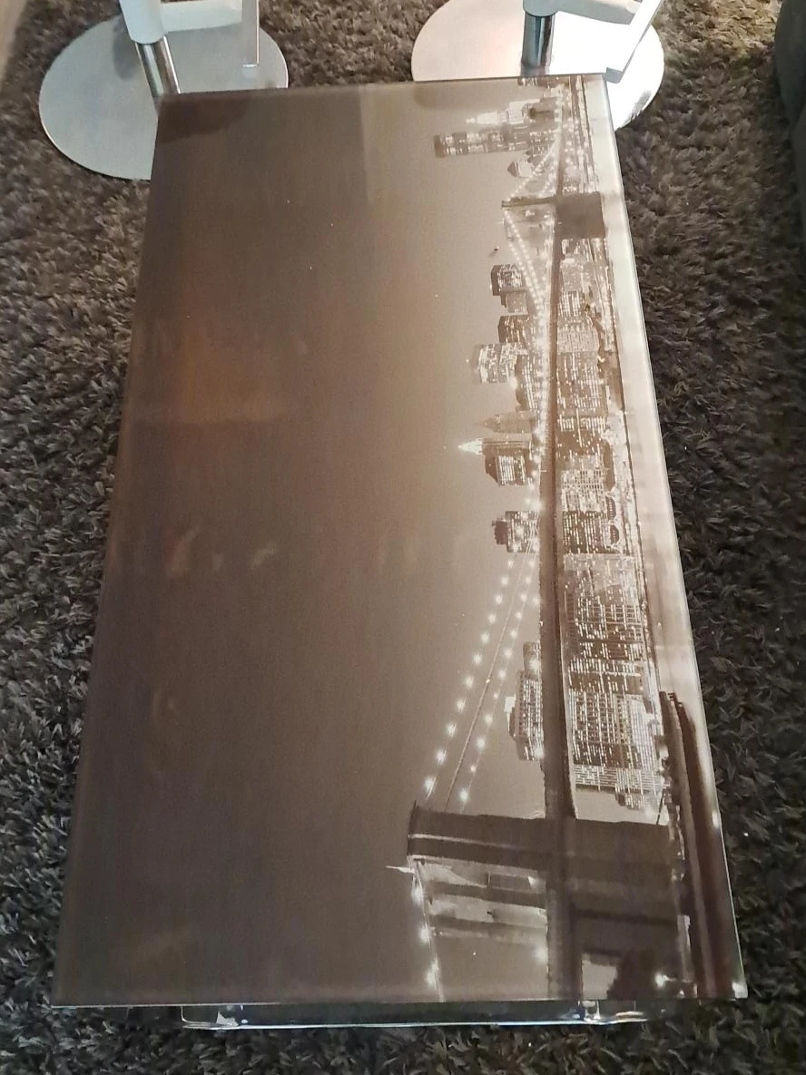 Glass coffee table with Brooklyn Bridge print