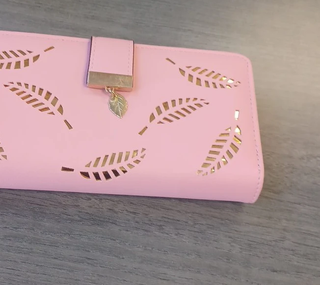 Pink Faux Leather Wallet with Leaf Cut-out Design