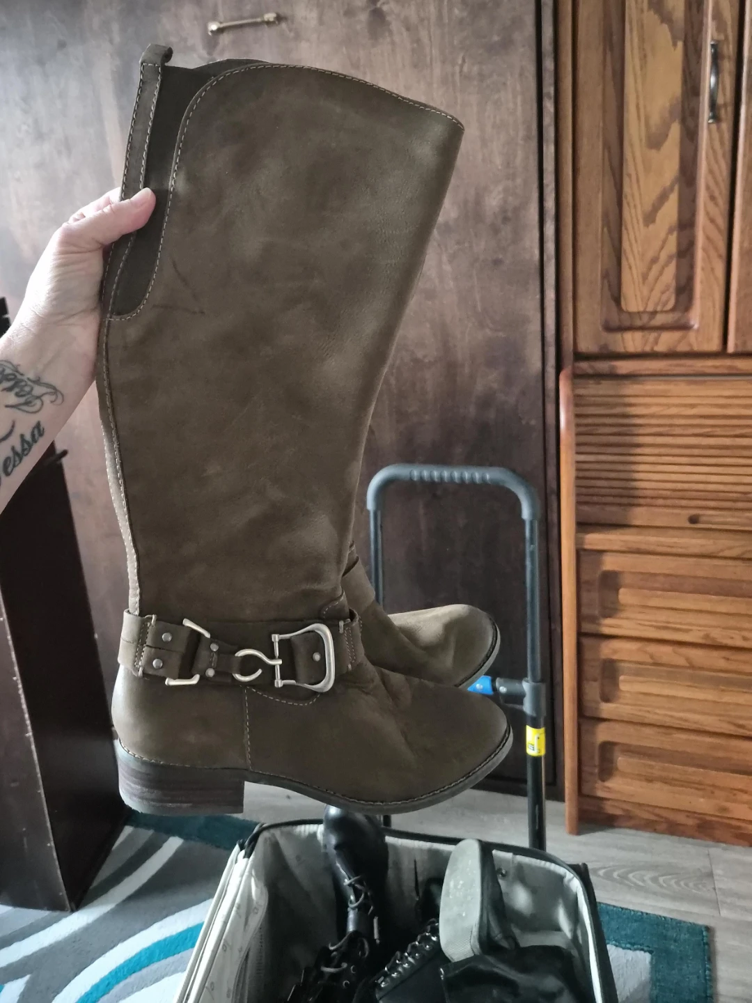 Brown Suede Knee-High Boots with Buckle Accent