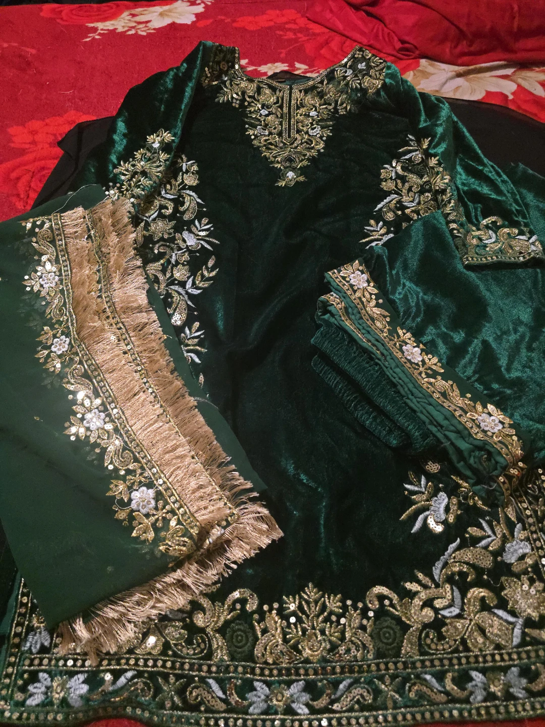 Green Velvet Embroidered Dress with Dupatta