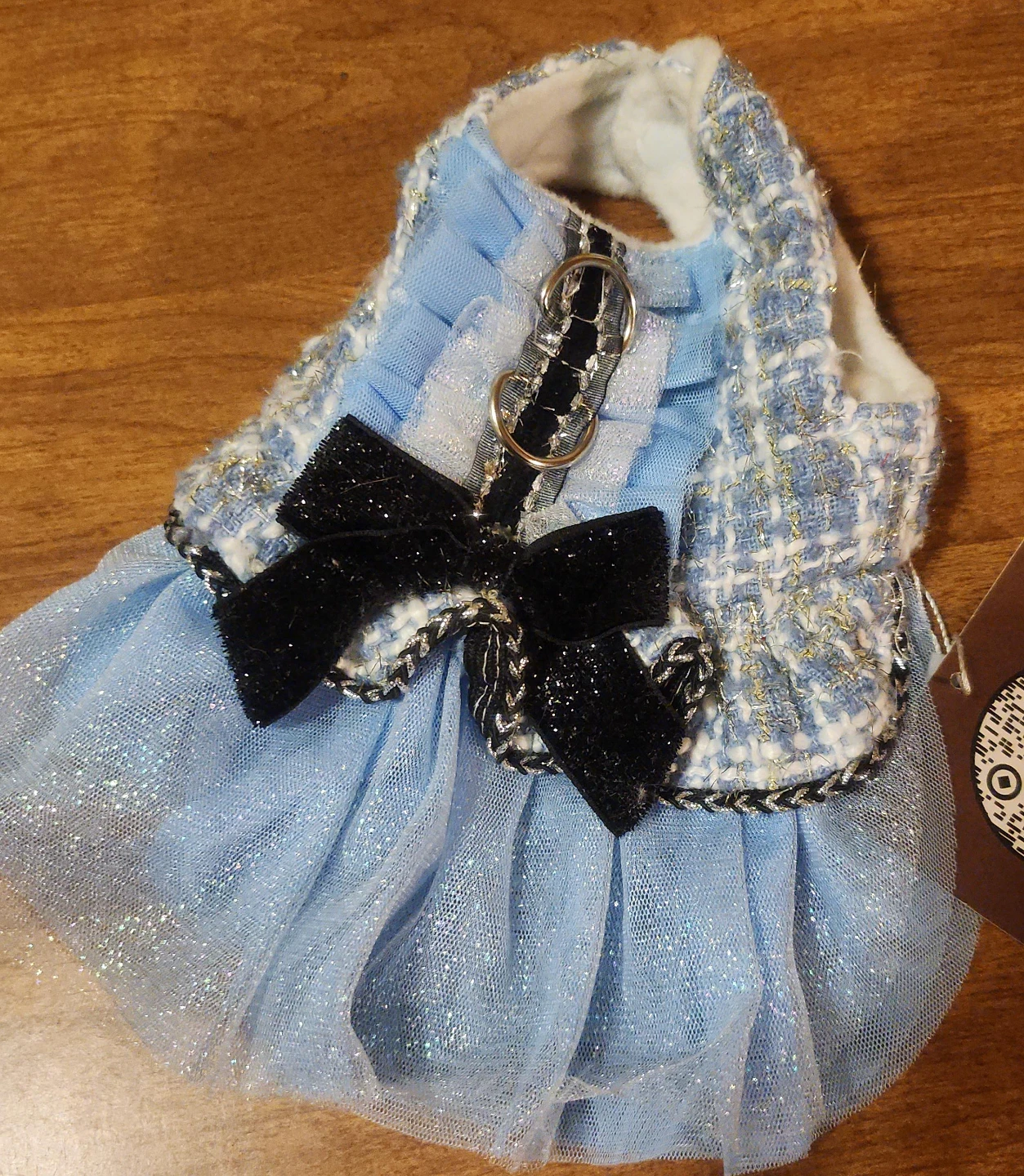 Blue Dog Dress with Black Bow and Sparkles