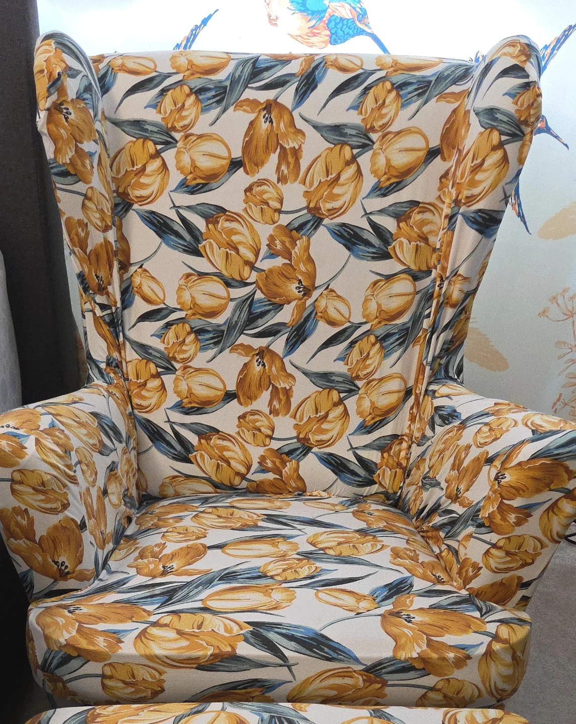 IKEA Wingback Armchair with Yellow Tulip Pattern
