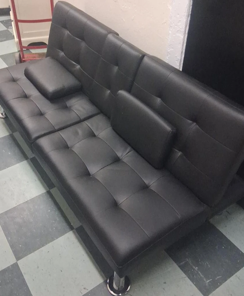 Black Faux Leather Sofa Bed Futon with Pillows
