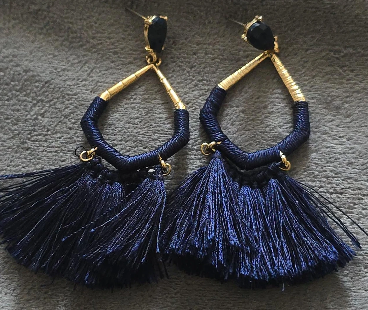 Navy Blue Tassel Earrings with Gold Accents