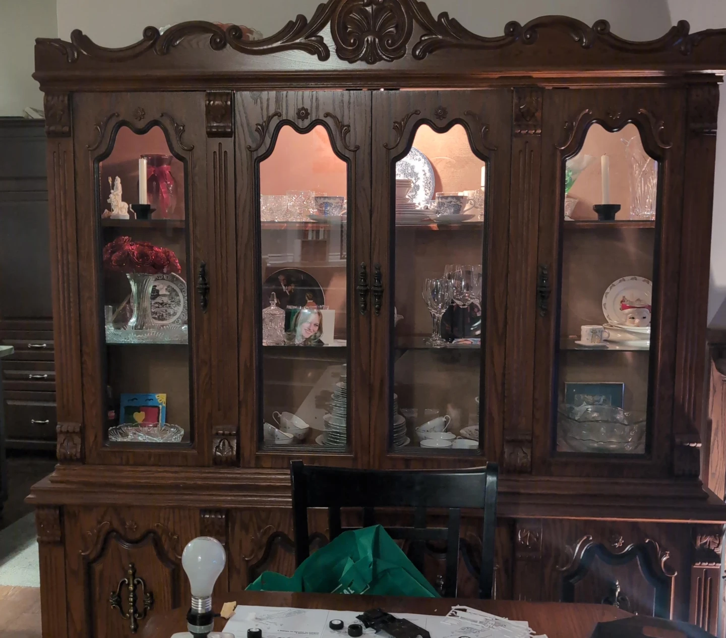 Antique Wooden China Cabinet with Glass Doors