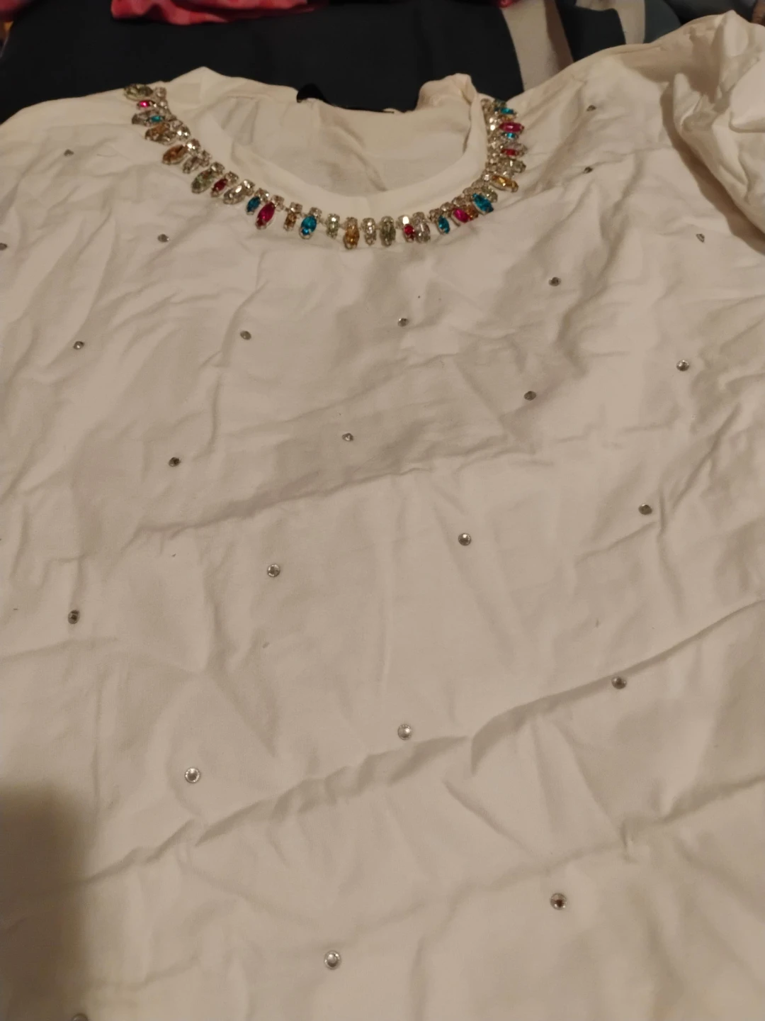 White T-shirt with Colorful Jewel Neckline and Rhinestones
