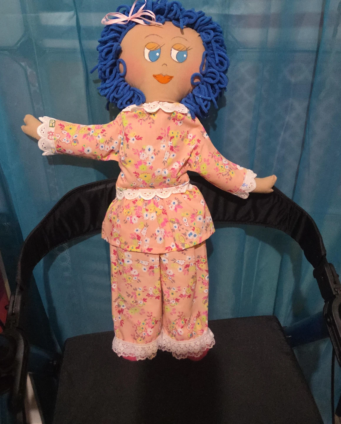 Rag Doll with Blue Yarn Hair and Floral Pajamas