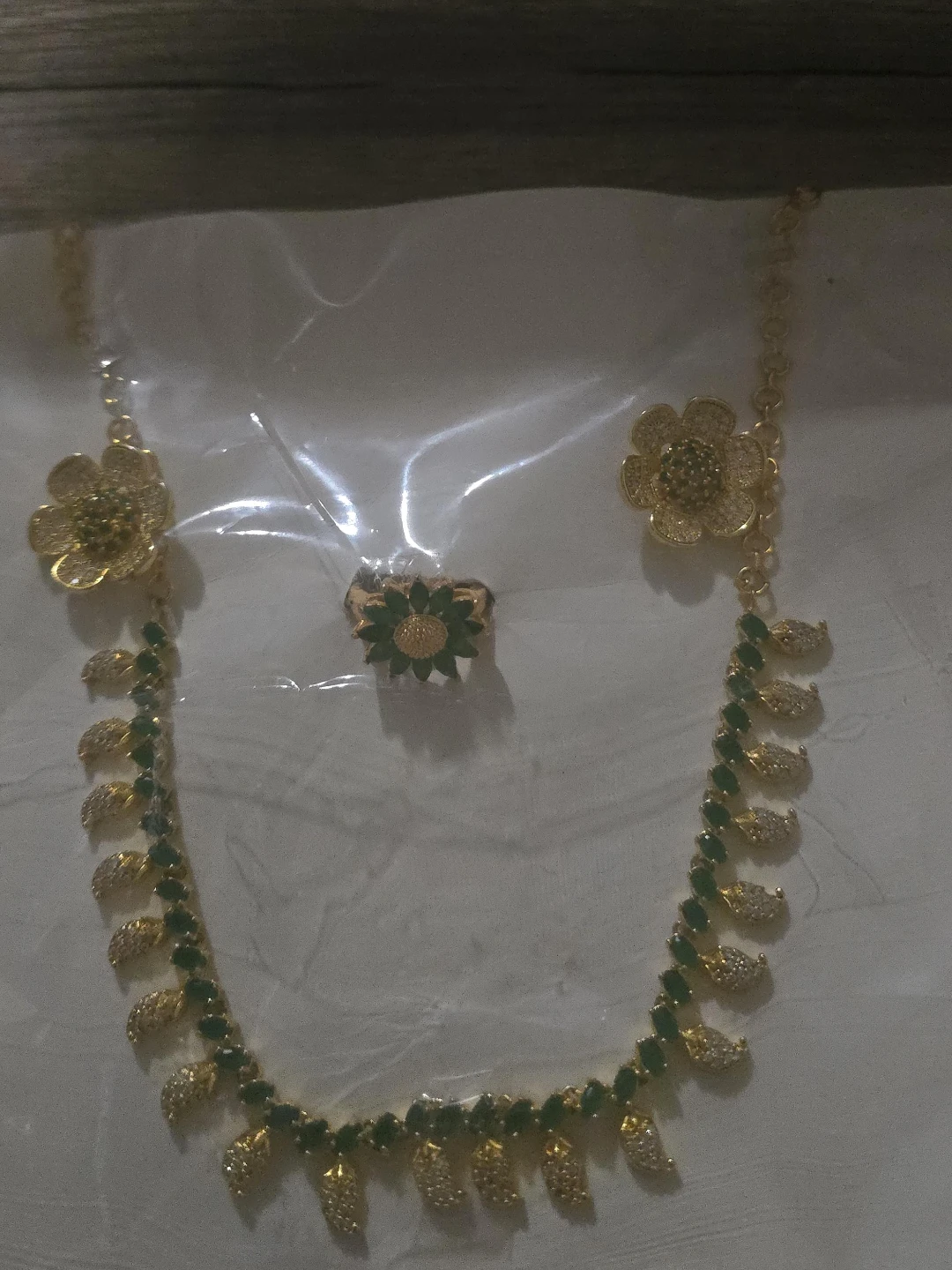 Gold Tone Necklace and Ring Set with Green Stones